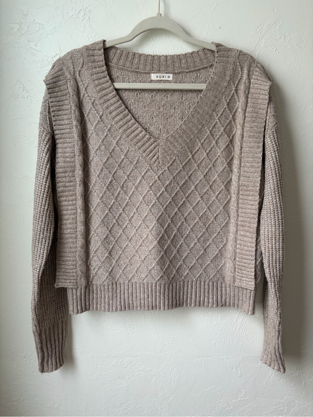 Kori V Neck Layered Sweater Vest Look Diamond Knit Taupe Sweater Size S/M